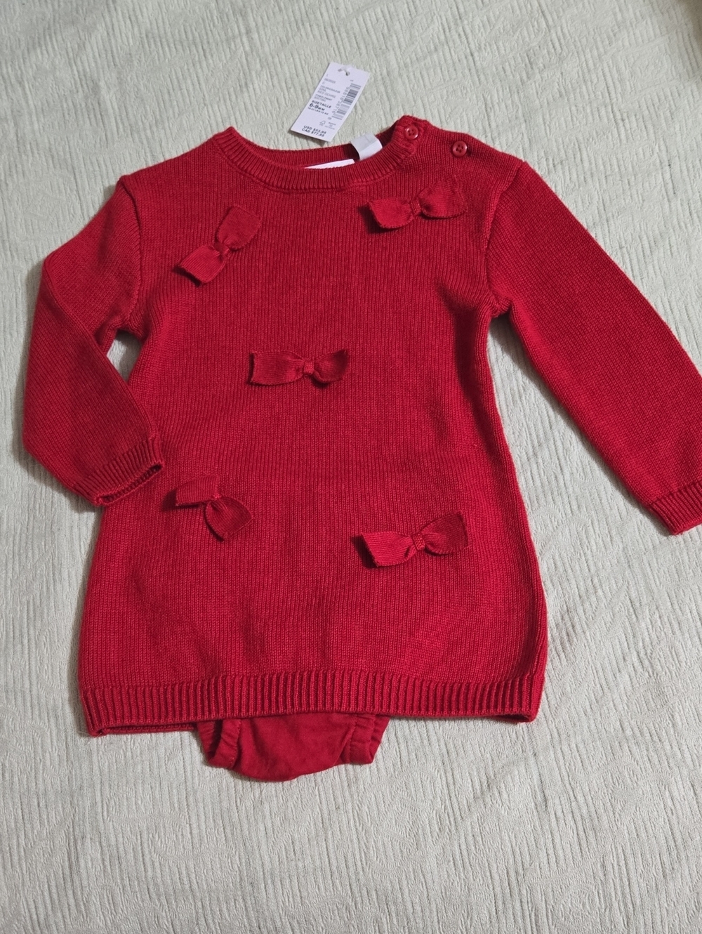 Children's Place Girls Red Knit Baby Dress with Bows Size 6-9 mo NWT